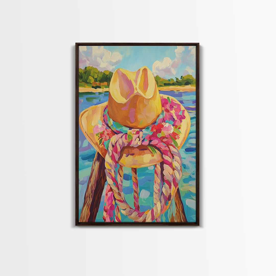 Cowgirl Hat And Rope By Lake Framed Canvas Print, Western Wall Art For Coastal Cowgirl Decor And Rustic Home Decor, Living Room Wall Decor