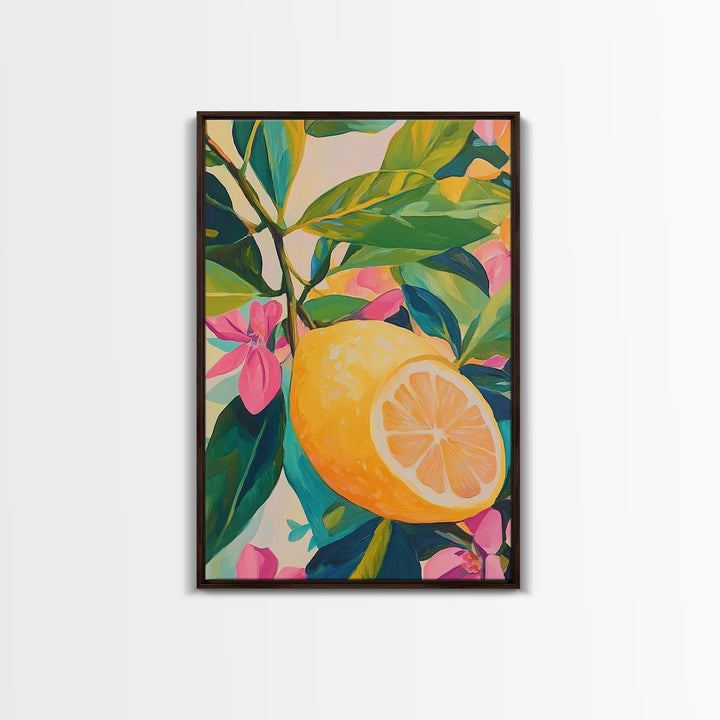 Bright Lemon Branch With Pink Blossoms Wall Art, Botanical Canvas Print For Kitchen Decor, Coastal Home Decor And Gift For Her