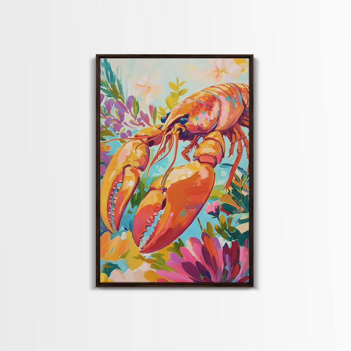 Vibrant Lobster With Garden Florals Canvas Print, Coastal Wall Art, Seafood Wall Decor, Tropical Kitchen Decor, Gift For Her