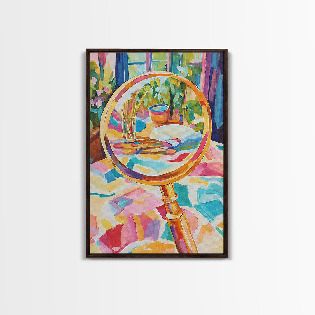 Gold Magnifying Glass With Garden View Canvas Print, Eclectic Wall Art, Botanical Wall Decor, Colorful Still Life Art Print
