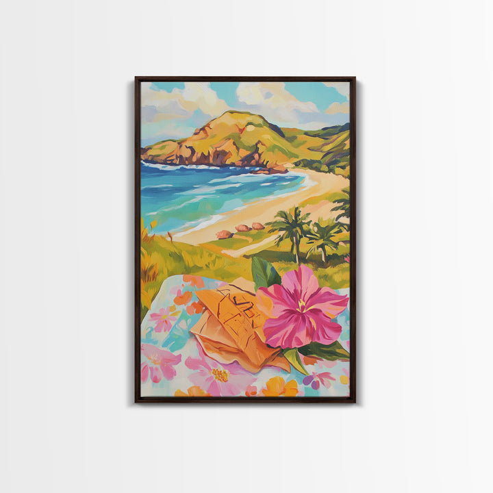 Tropical Beach View With Hibiscus Canvas Print, Coastal Wall Art, Ocean Wall Decor, Summer Landscape, Beach House Decor Gift