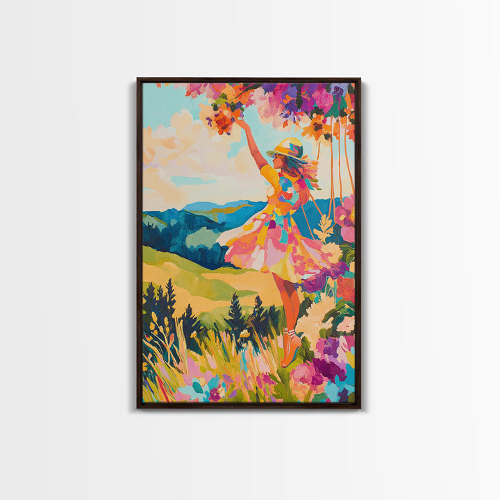 Joyful Woman In Mountain Flower Meadow Framed Canvas Print, Colorful Wall Art, Feminine Art, Landscape Art, Gift For Her