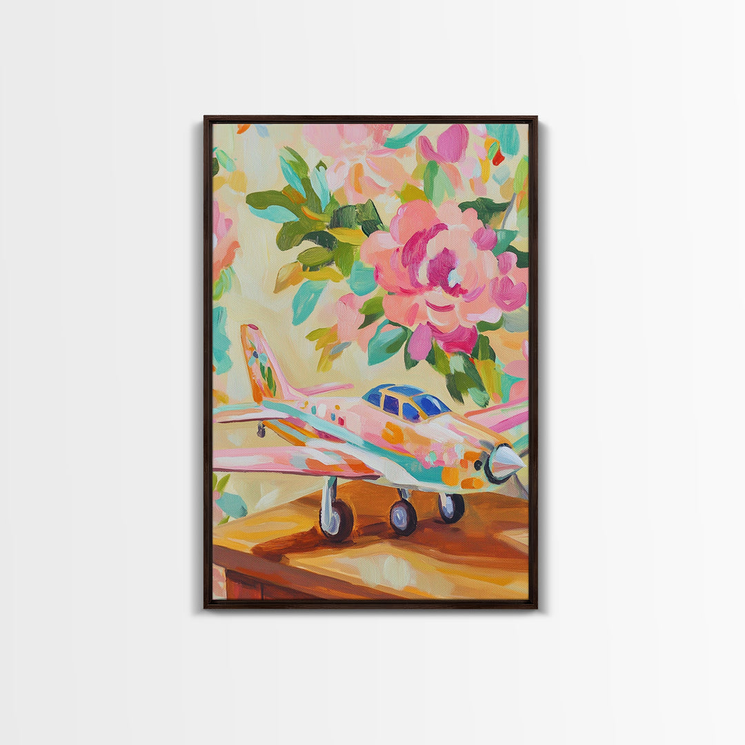 Pink Floral Toy Airplane Canvas Print, Whimsical Aviation Nursery Decor, Kids Room Wall Art, Bright Baby Girl Room Gift Idea