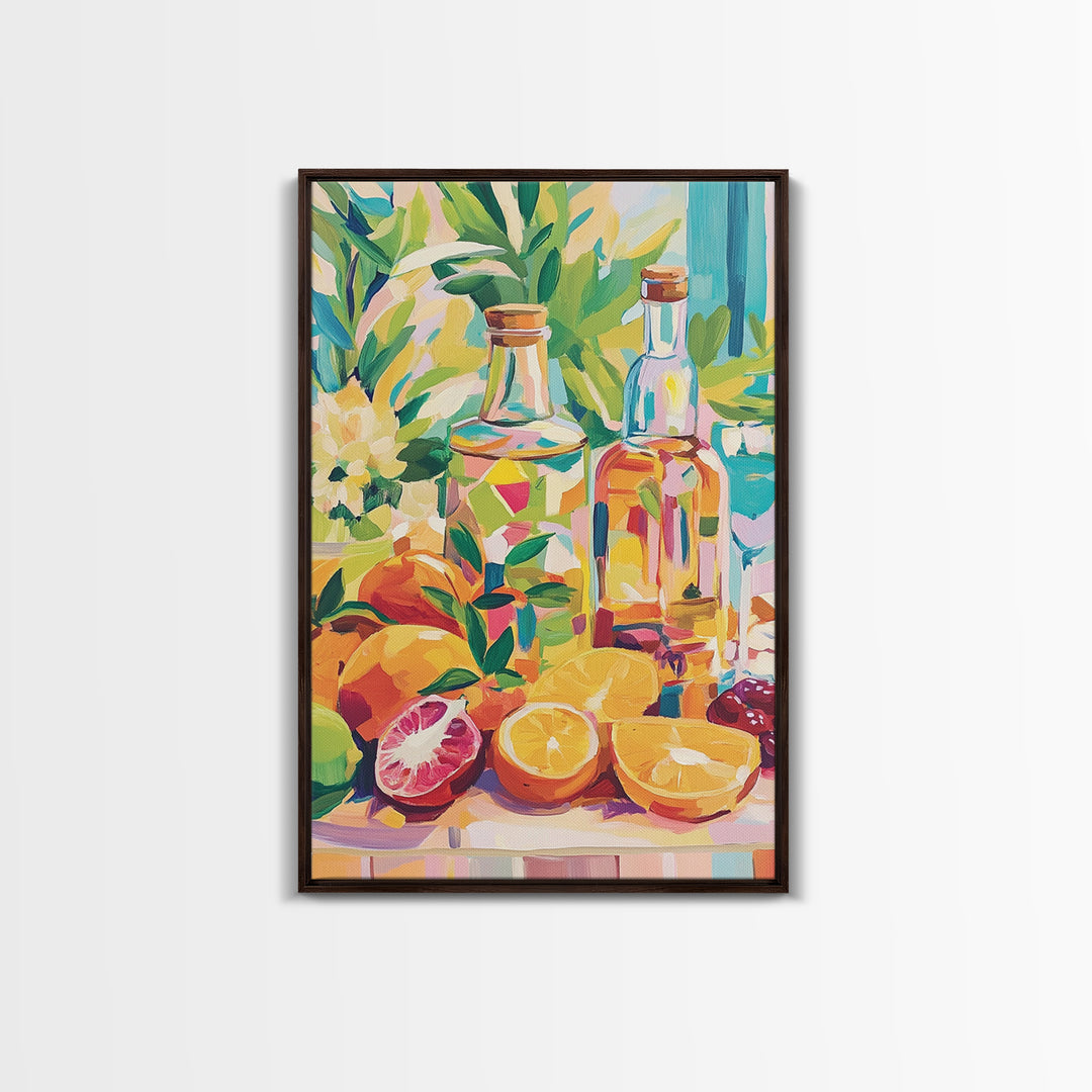 Sunlit Citrus Bottles And Tropical Fruit Canvas Print, Coastal Kitchen Wall Art, Colorful Still Life Dining Room Decor Gift