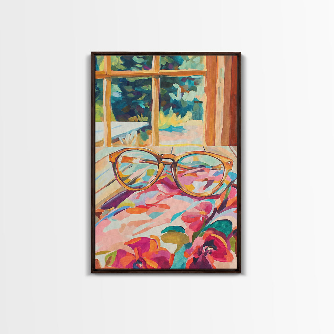 Tortoise Glasses On Floral Fabric Wall Art, Cozy Reading Nook Canvas Print, Book Lover Decor, Feminine Home Decor, Gift For Her