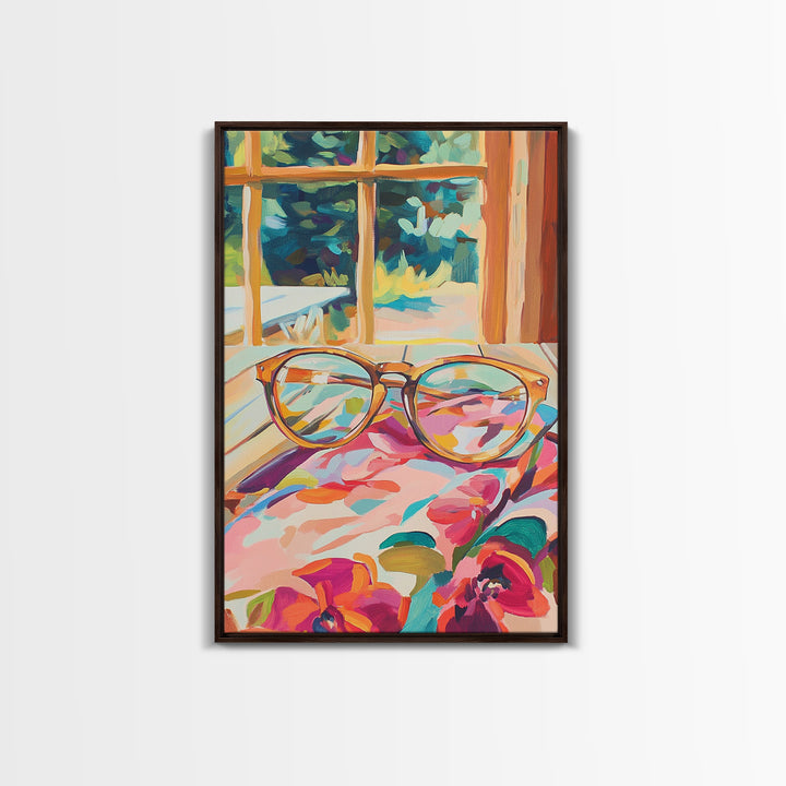 Tortoise Glasses On Floral Fabric Wall Art, Cozy Reading Nook Canvas Print, Book Lover Decor, Feminine Home Decor, Gift For Her