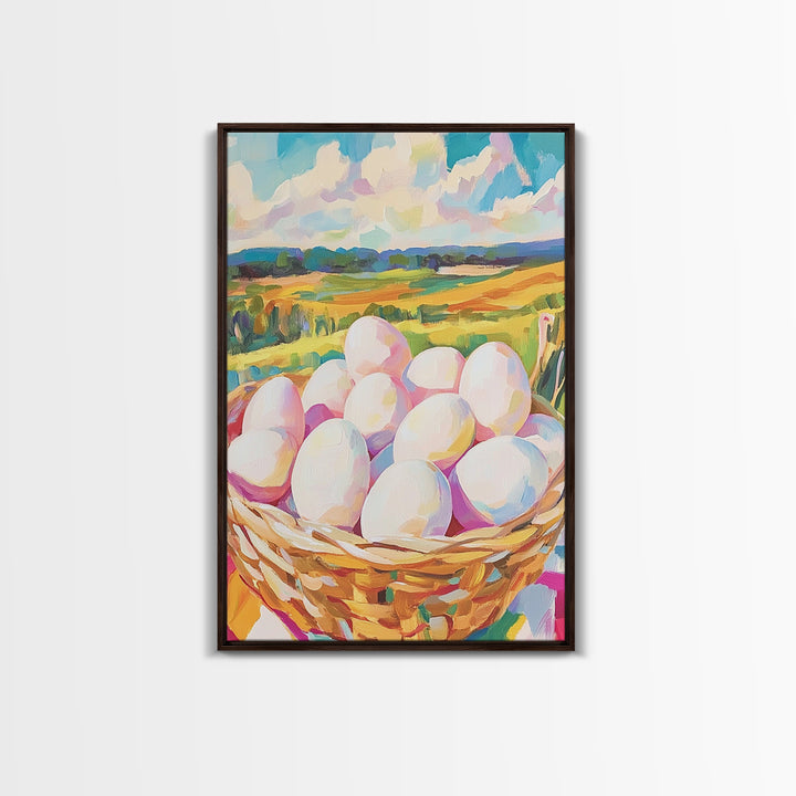 Farm Fresh Eggs In Wicker Basket Wall Art, Country Landscape Canvas Print, Rustic Farmhouse Kitchen Decor, Housewarming Gift