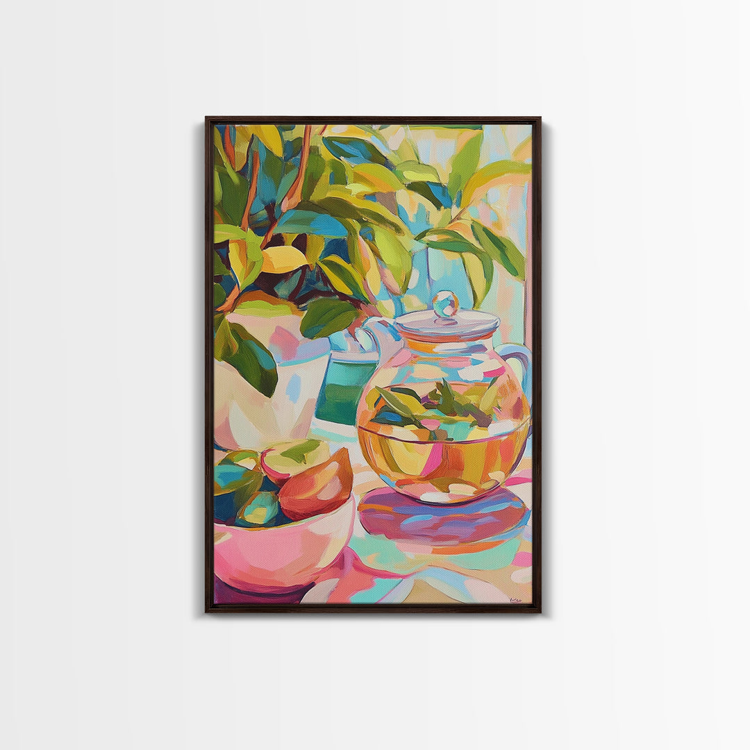 Sunlit Glass Tea Jar With Plants Canvas Print, Botanical Kitchen Wall Art, Colorful Home Decor, Still Life Art Print, Gift