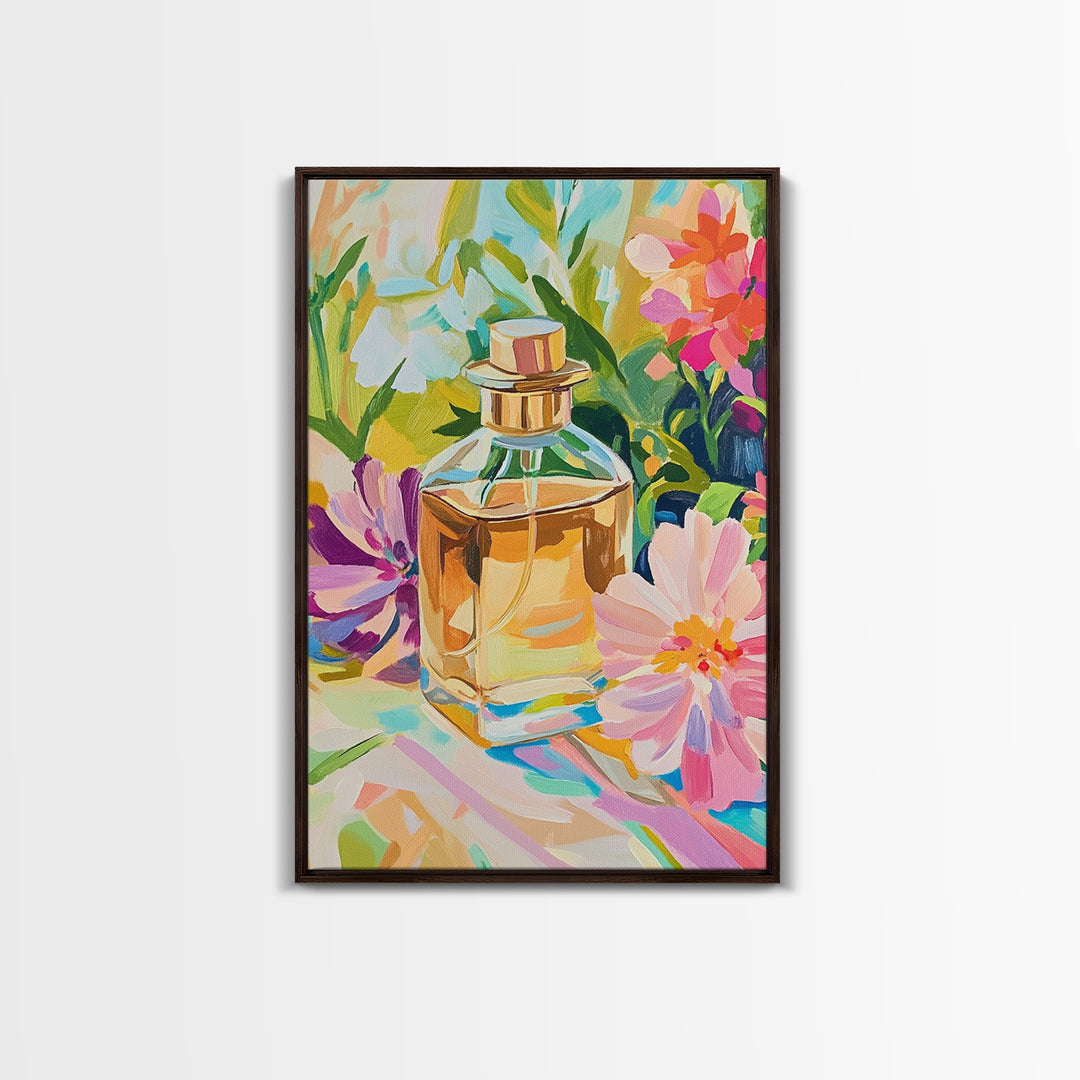 Golden Perfume Bottle With Pink Flowers Framed Canvas Print, Feminine Wall Art, Bathroom Decor, Floral Home Decor, Gift For Her