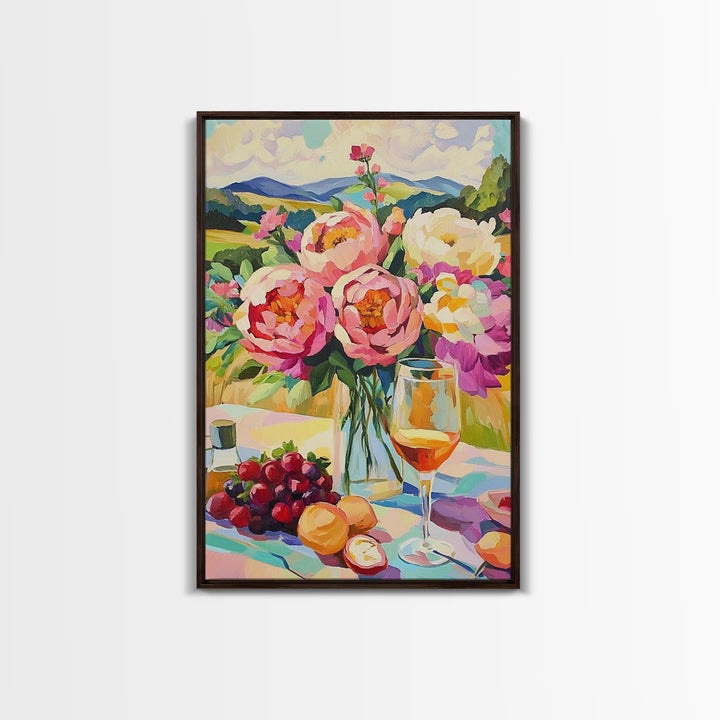 Pink Peony Bouquet With Wine And Grapes Canvas Print, French Country Kitchen Decor, Floral Wall Art, Housewarming Gift For Her