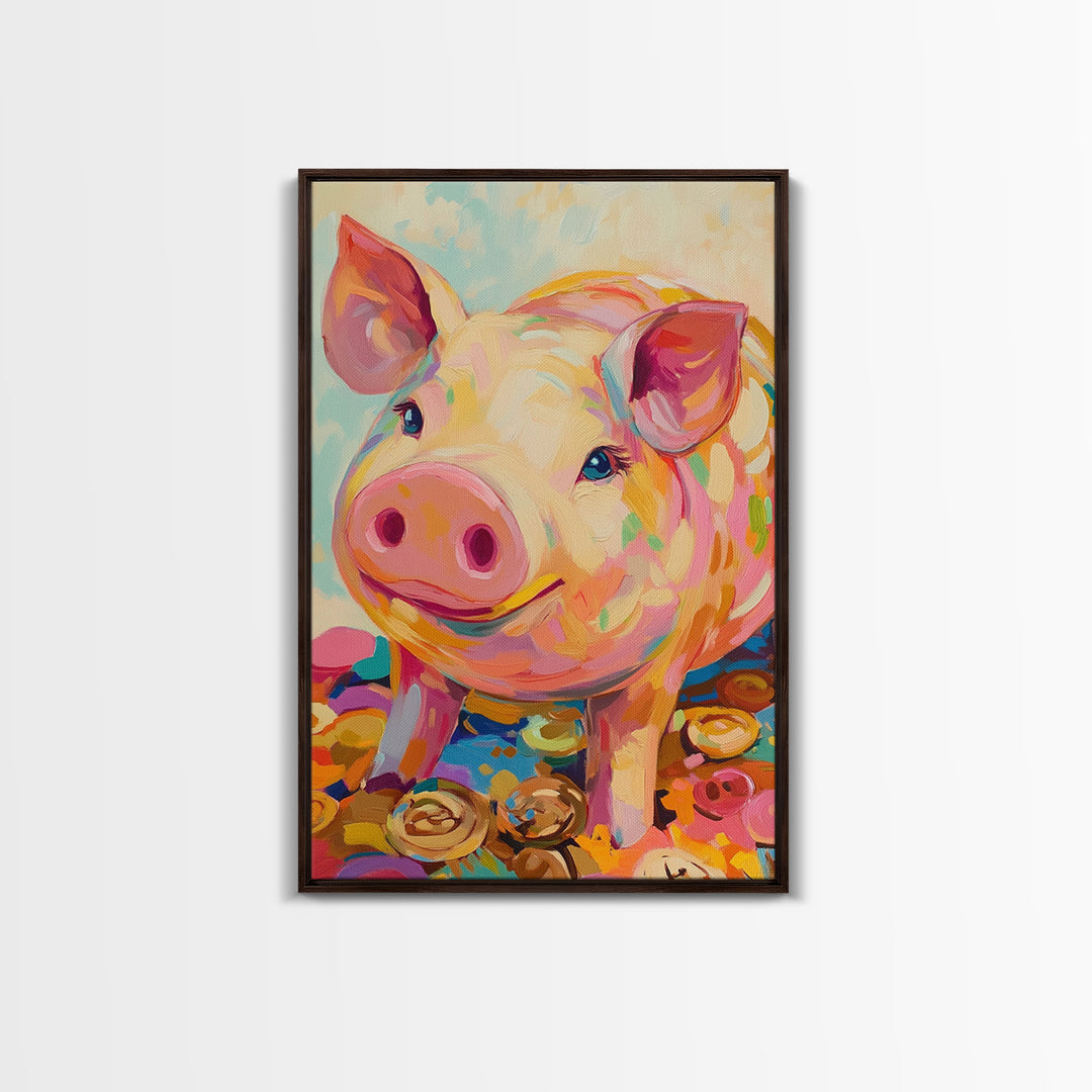 Smiling Pink Pig With Golden Coins Canvas Print, Cute Farm Animal Wall Art, Playful Nursery Decor, Whimsical Gift For Kids
