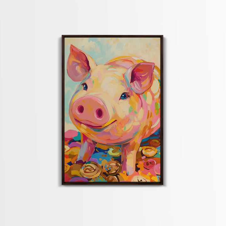 Smiling Pink Pig With Golden Coins Canvas Print, Cute Farm Animal Wall Art, Playful Nursery Decor, Whimsical Gift For Kids