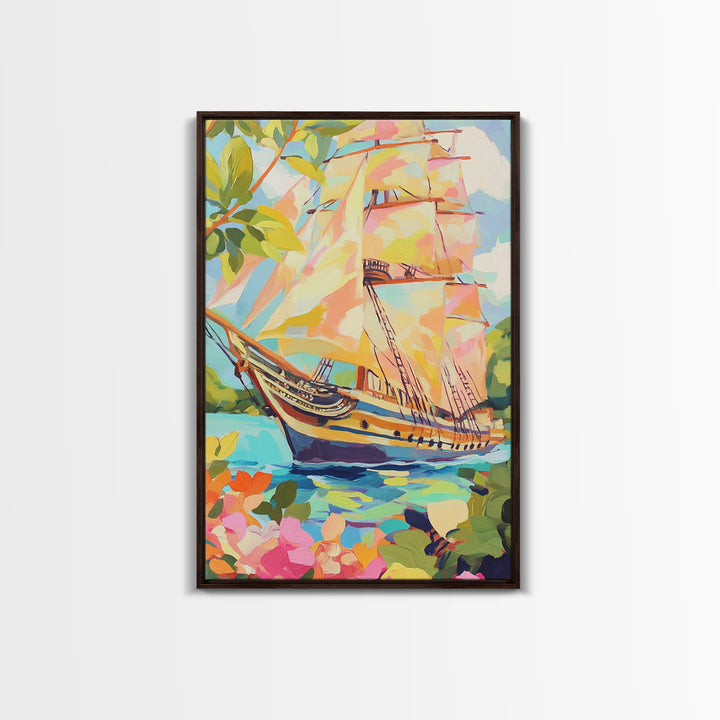 Tall Ship In Blooming Harbor Canvas Print, Nautical Sailboat Painting, Coastal Wall Art, Beach House Decor Gift For Her Home