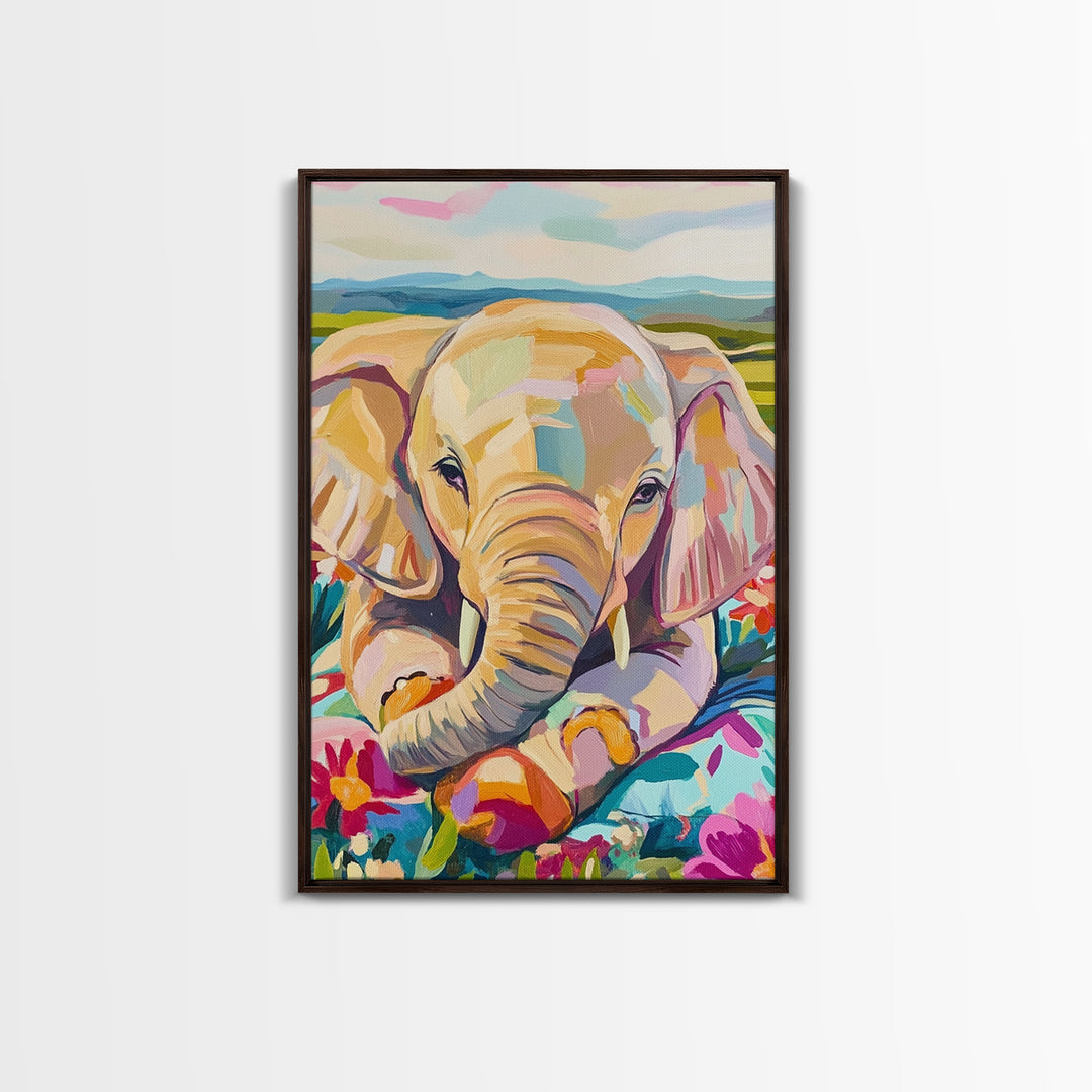 Baby Elephant With Flowers Canvas Print, Whimsical Animal Wall Art, Nursery Decor, Safari Nursery Art, Kids Room Decor, Gift