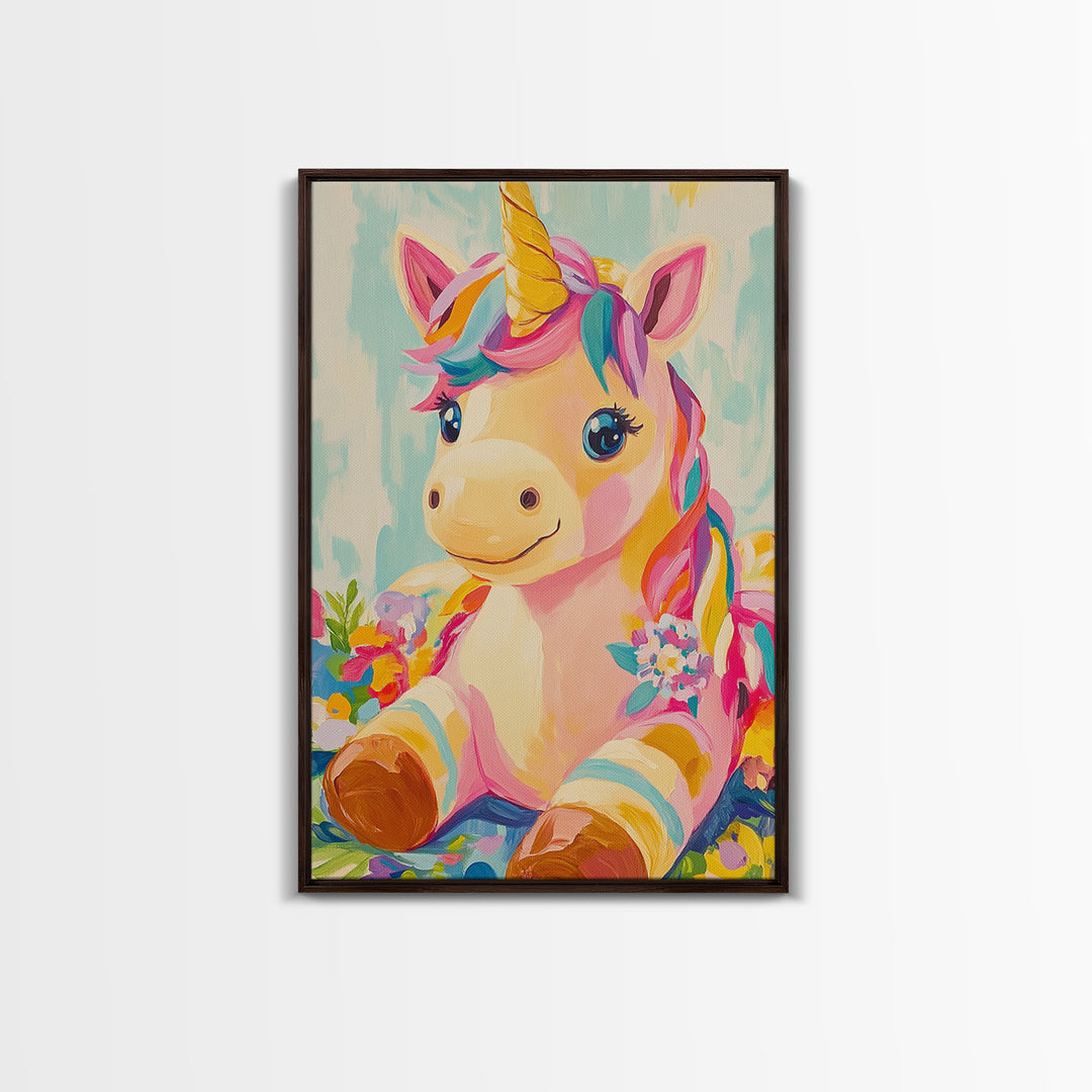 Cute Unicorn With Rainbow Mane Canvas Print, Whimsical Nursery Wall Art, Kids Room Decor, Baby Girl Nursery, Gift For Her