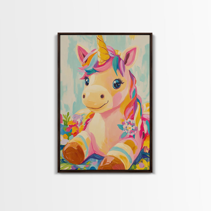 Cute Unicorn With Rainbow Mane Canvas Print, Whimsical Nursery Wall Art, Kids Room Decor, Baby Girl Nursery, Gift For Her