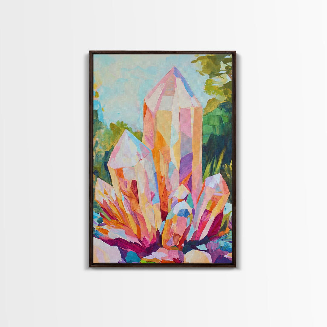 Pastel Crystal Cluster Framed Canvas Print, Celestial Wall Art, Mystical Home Decor, Spiritual Gift, Colorful Art Prints