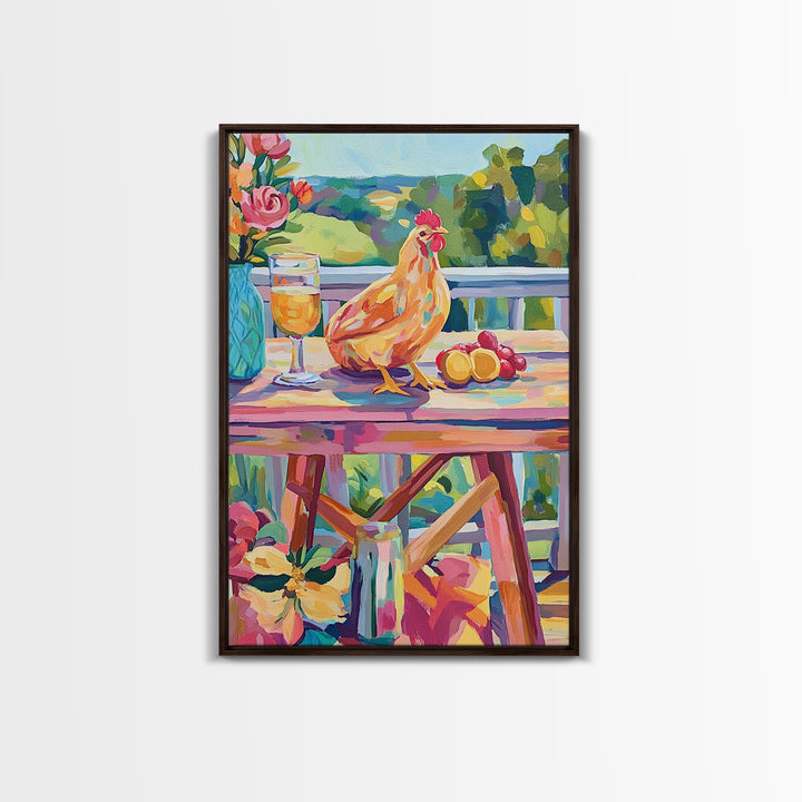 Sunny Chicken Patio Still Life Framed Canvas Print, Farmhouse Kitchen Wall Art, Country Decor, Wine And Fruit Housewarming Gift