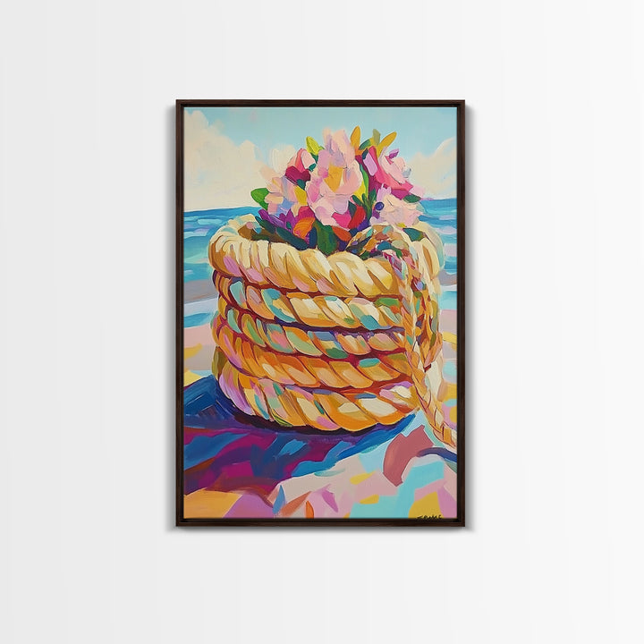 Rope Basket With Pink Beach Flowers Canvas Print, Coastal Wall Art, Beach House Decor, Tropical Ocean Living Room Decor Print