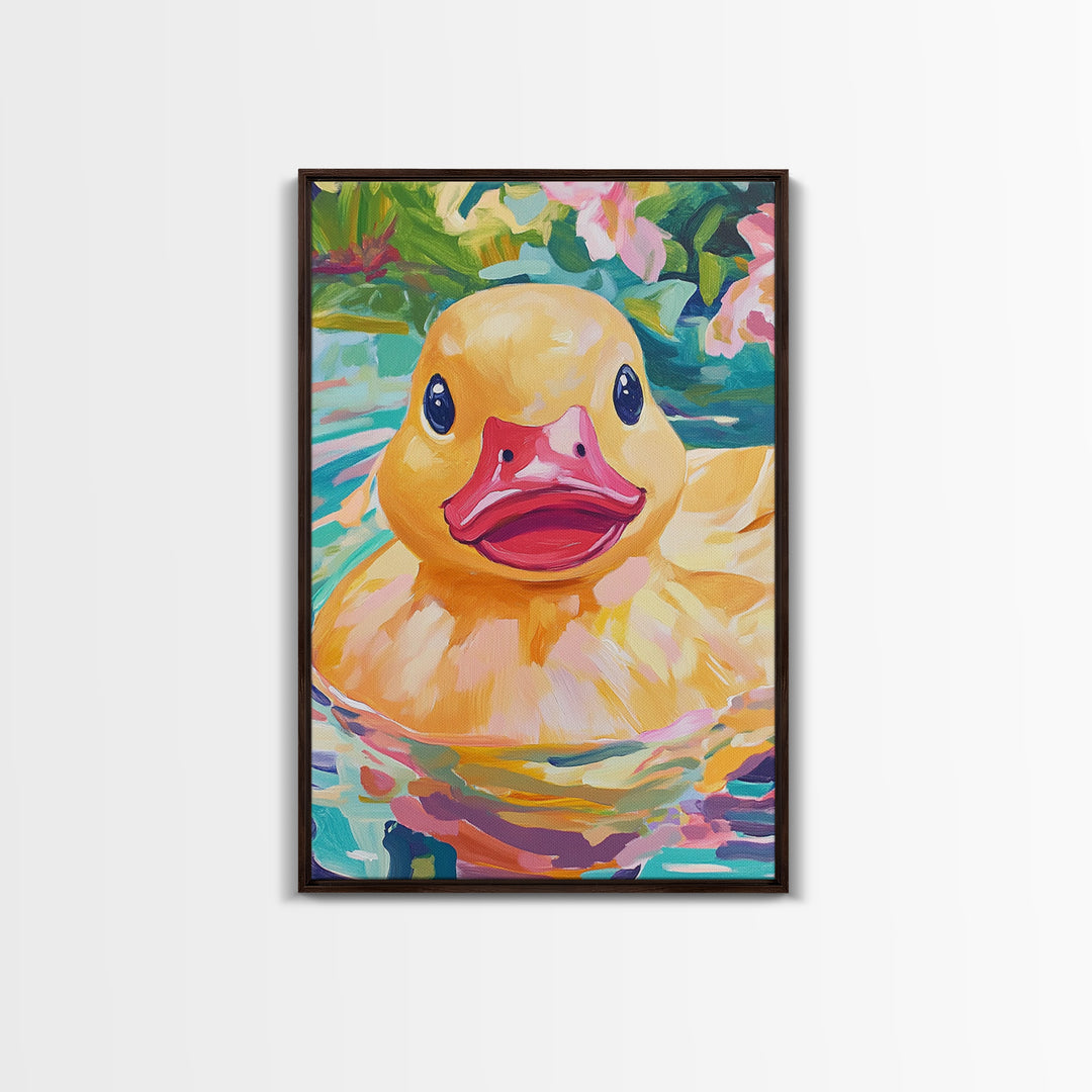 Smiling Yellow Duck In Garden Pond Wall Art, Whimsical Animal Art, Cute Bathroom Decor, Nursery Wall Art Print, Gift For Her