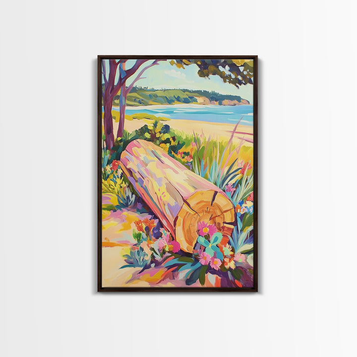 Sunlit Driftwood Log On Beach Wall Art, Coastal Landscape Canvas Print, Ocean Wall Decor, Beach House Art, Nature Wall Art
