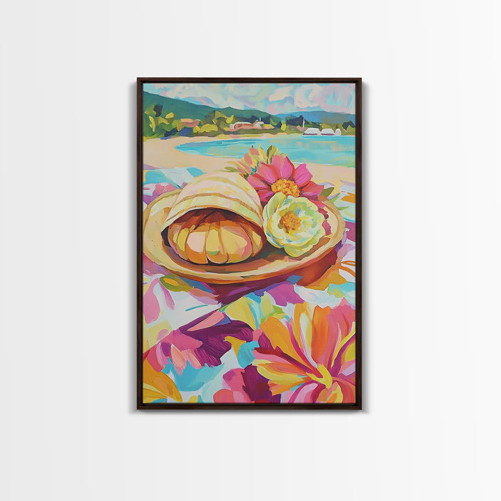 Scallop Shell And Pink Flowers By Turquoise Bay Canvas Print, Coastal Wall Art, Beach House Decor, Summer Kitchen Art, Gift For Her