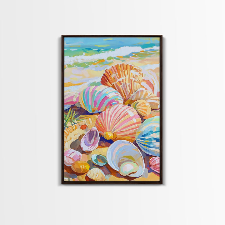 Pastel Seashells Scattered On Sunny Beach Framed Canvas Print, Coastal Wall Art, Ocean Wall Decor, Beach House Gift For Her