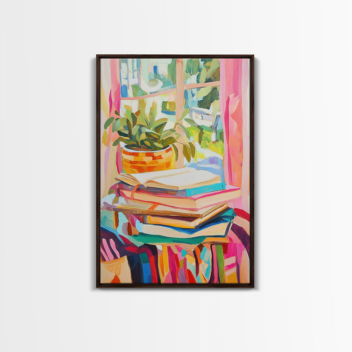 Stacked Books And Window Plant Wall Art, Cozy Reading Nook Decor, Book Lover Gift, Library Wall Art, Home Office Decor Print