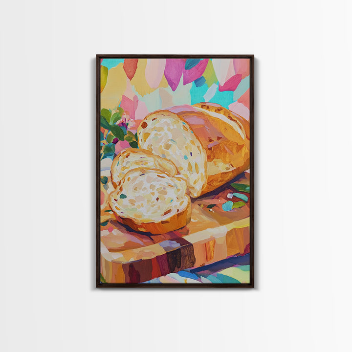 Sliced Artisan Bread On Wooden Board Canvas Print, Kitchen Wall Art, Food Illustration, Rustic Kitchen Decor, Gift For Baker