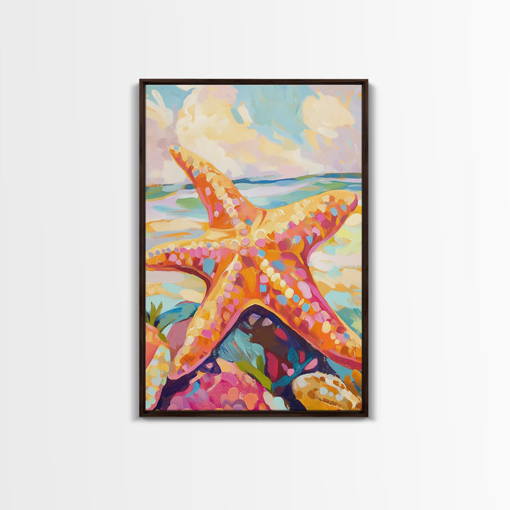 Bright Orange Starfish On Sunny Beach Wall Art, Coastal Canvas Print, Ocean Wall Decor, Beach House Gift, Tropical Art, Seaside Decor