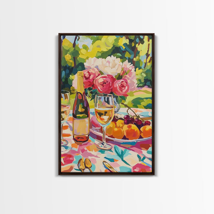 Garden Wine Still Life With Cherries Framed Canvas Print, Dining Room Wall Art, Floral Kitchen Decor, Wine Lover Gift, Hostess Gift