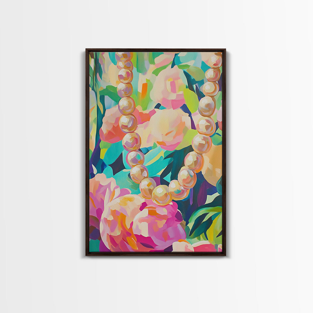 Pearl Necklace On Lush Floral Background Framed Canvas Print, Feminine Wall Art, Coquette Room Decor, Gift For Her, Romantic Bedroom Art