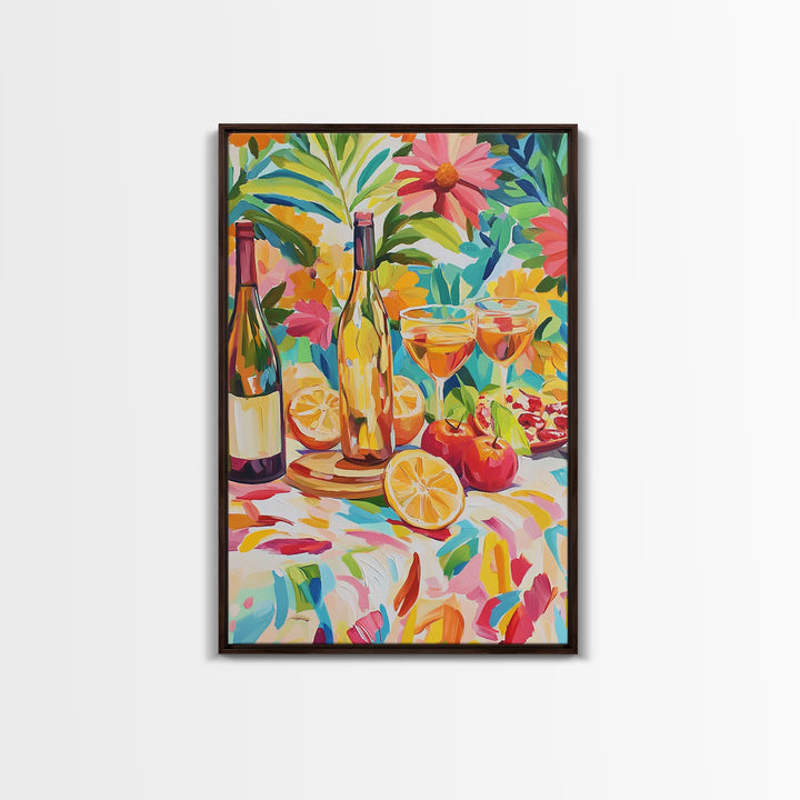 Garden Wine Bottles With Citrus Canvas Print, Colorful Kitchen Wall Art, Dining Room Decor, Wine Lover Housewarming Gift