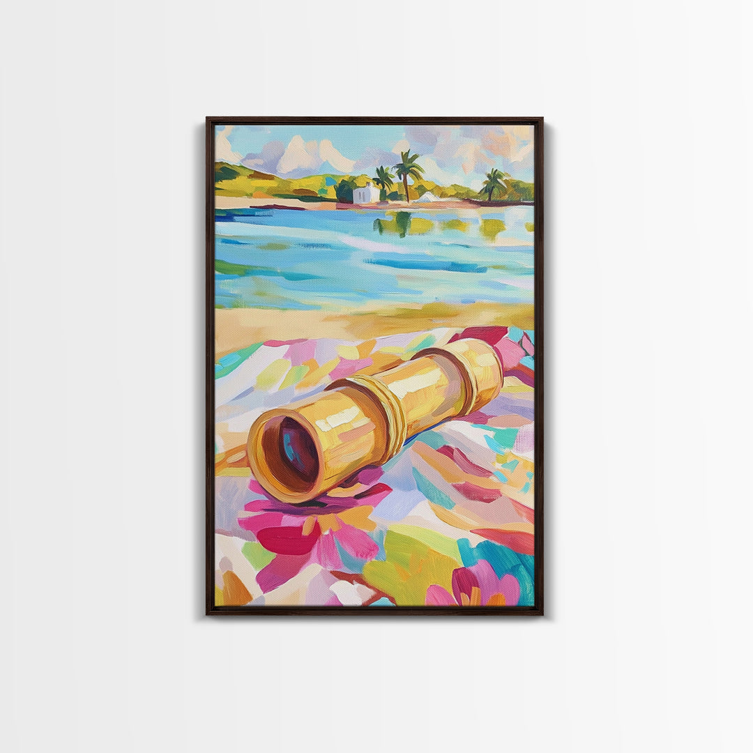Brass Telescope On Tropical Beach Towel Wall Art, Colorful Coastal Canvas, Summer Travel Decor, Beach House Living Room Print