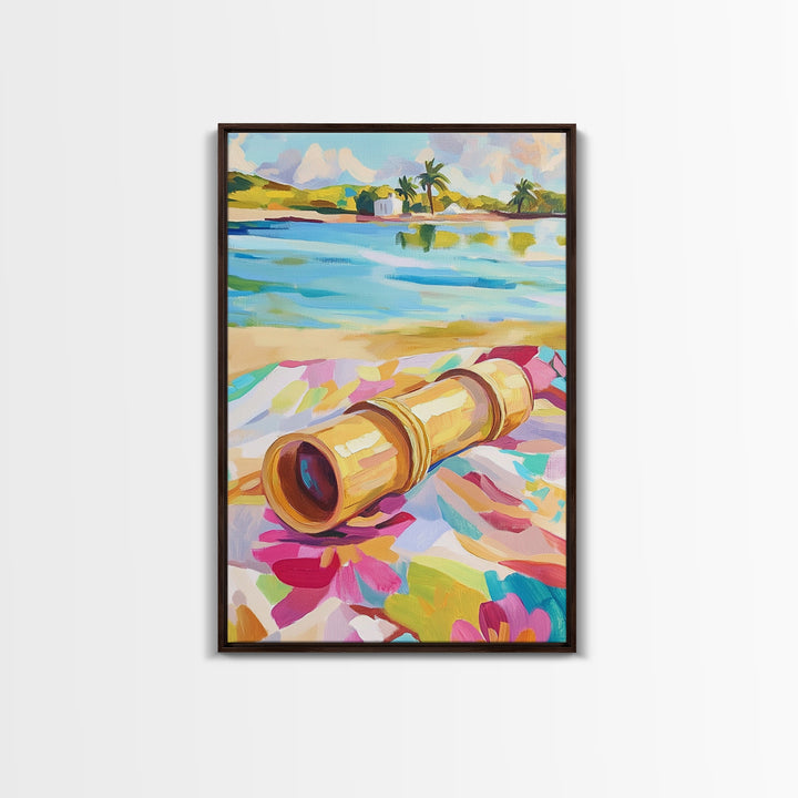 Brass Telescope On Tropical Beach Towel Wall Art, Colorful Coastal Canvas, Summer Travel Decor, Beach House Living Room Print
