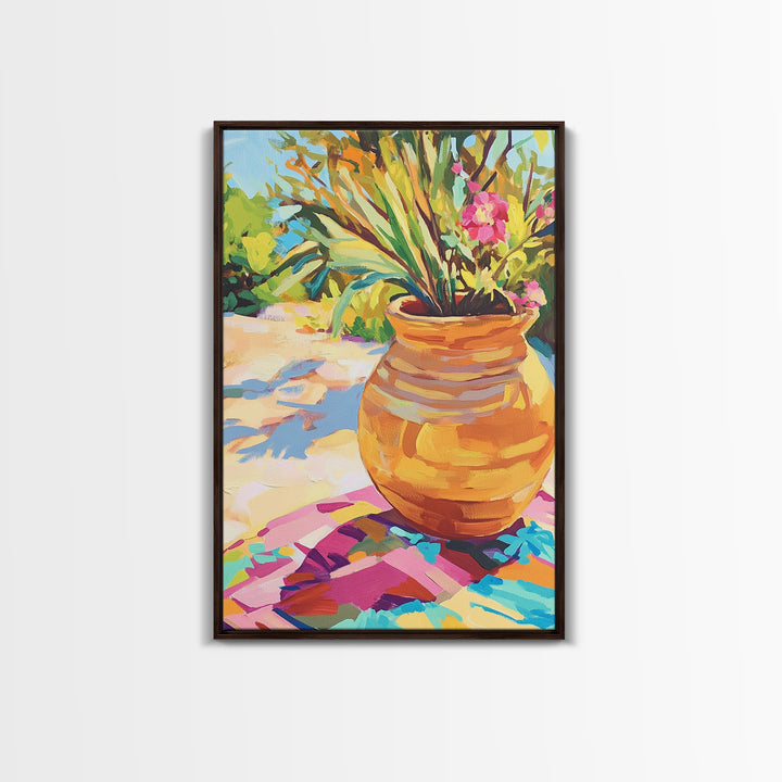 Terracotta Pot With Tropical Garden Plants Framed Canvas Print, Colorful Botanical Wall Art, Boho Patio Decor, Housewarming Gift