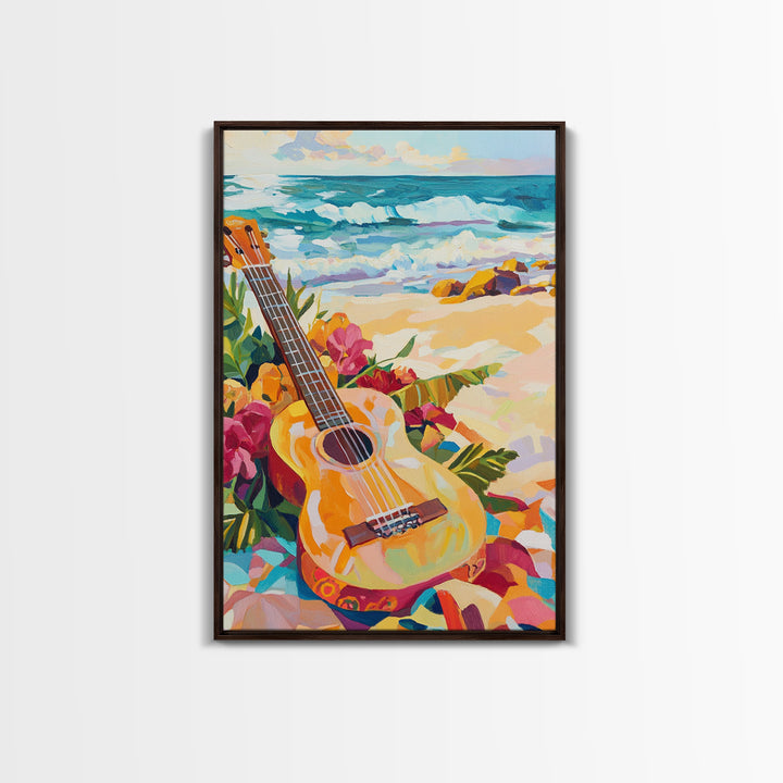 Tropical Guitar On Sunny Beach Canvas Print, Coastal Wall Art, Ocean Music Decor, Beach House Gift For Music Lover, Living Room Wall Art