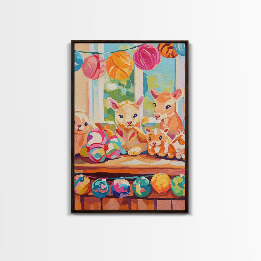 Pastel Nursery Farm Animal Toys Framed Canvas Print, Whimsical Animal Wall Art, Kids Room Decor, Baby Shower Gift, Nursery Decor