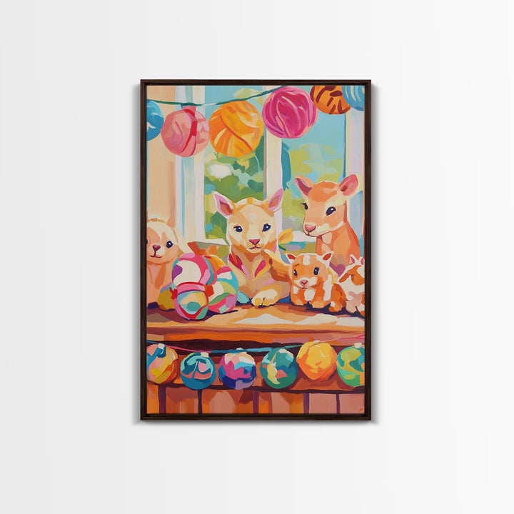 Pastel Nursery Farm Animal Toys Framed Canvas Print, Whimsical Animal Wall Art, Kids Room Decor, Baby Shower Gift, Nursery Decor
