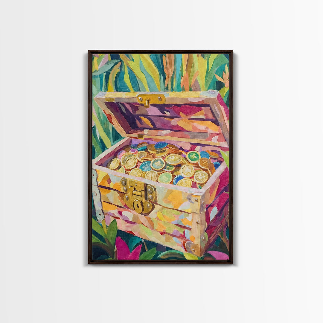 Jungle Treasure Chest Canvas Print, Gold Coin Adventure Wall Art, Tropical Home Decor, Safari Nursery Decor, Unique Gift