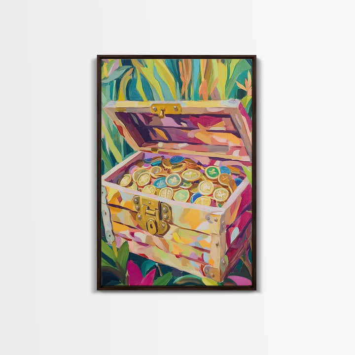 Jungle Treasure Chest Canvas Print, Gold Coin Adventure Wall Art, Tropical Home Decor, Safari Nursery Decor, Unique Gift