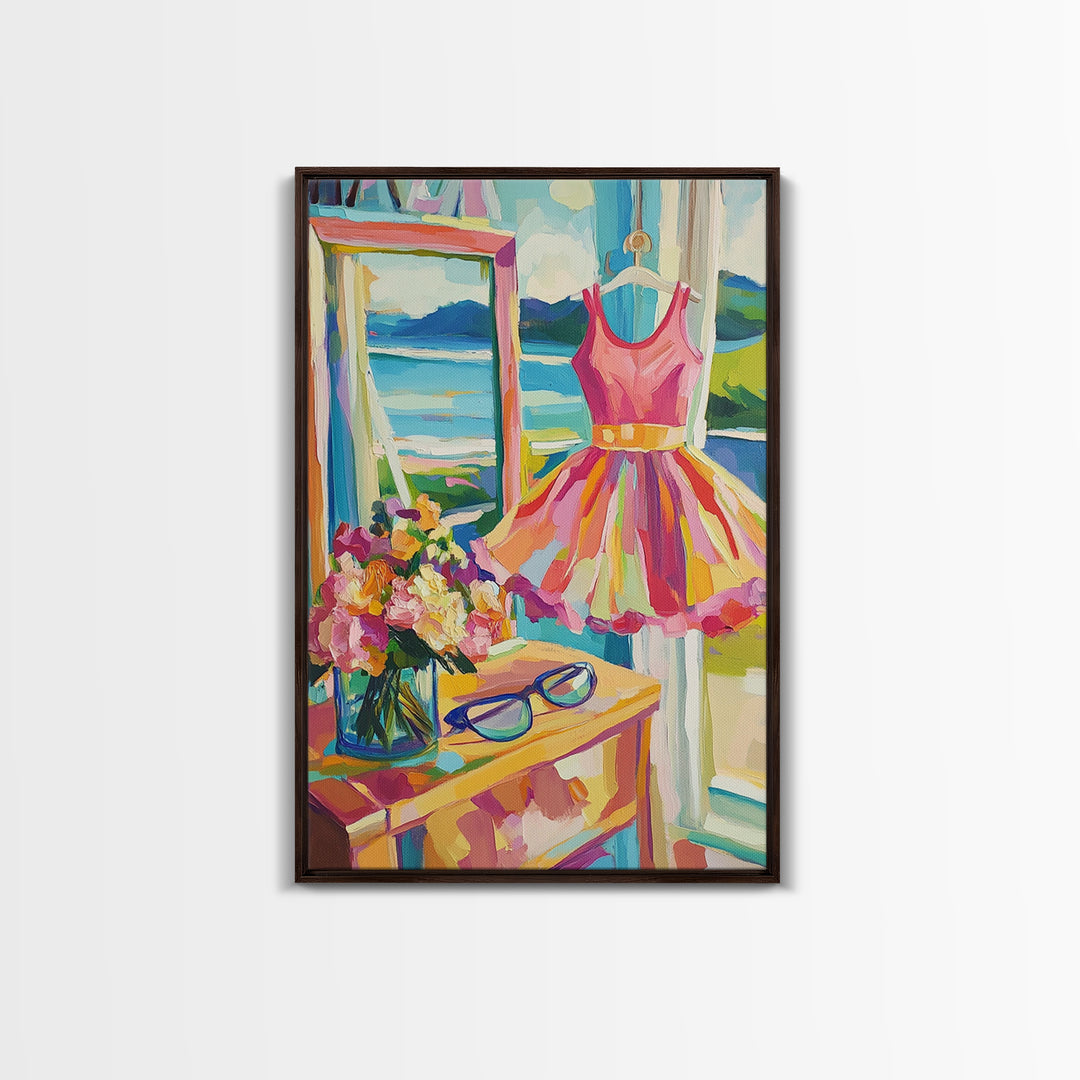 Pink Summer Dress By Lake Framed Canvas Print, Feminine Wall Art, Coastal Home Decor, Romantic Bedroom Art, Gift For Her
