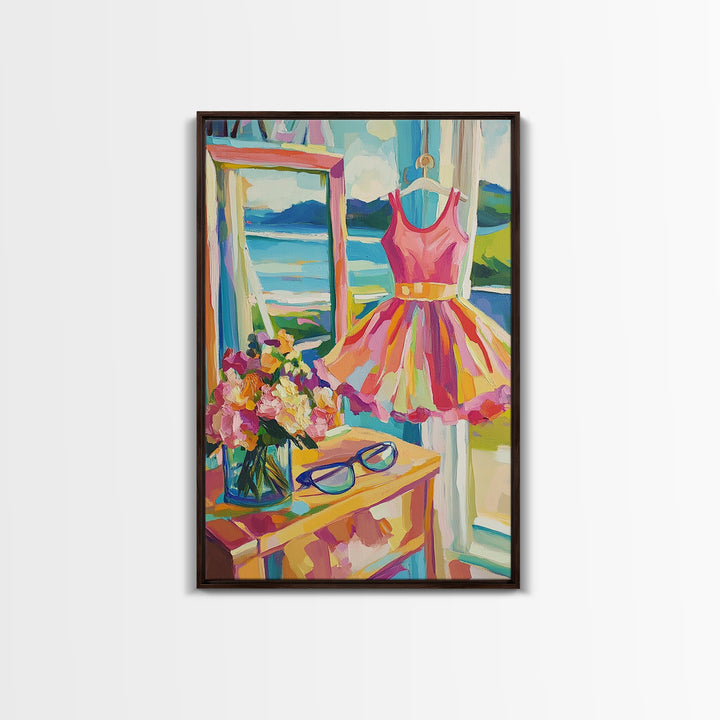 Pink Summer Dress By Lake Framed Canvas Print, Feminine Wall Art, Coastal Home Decor, Romantic Bedroom Art, Gift For Her