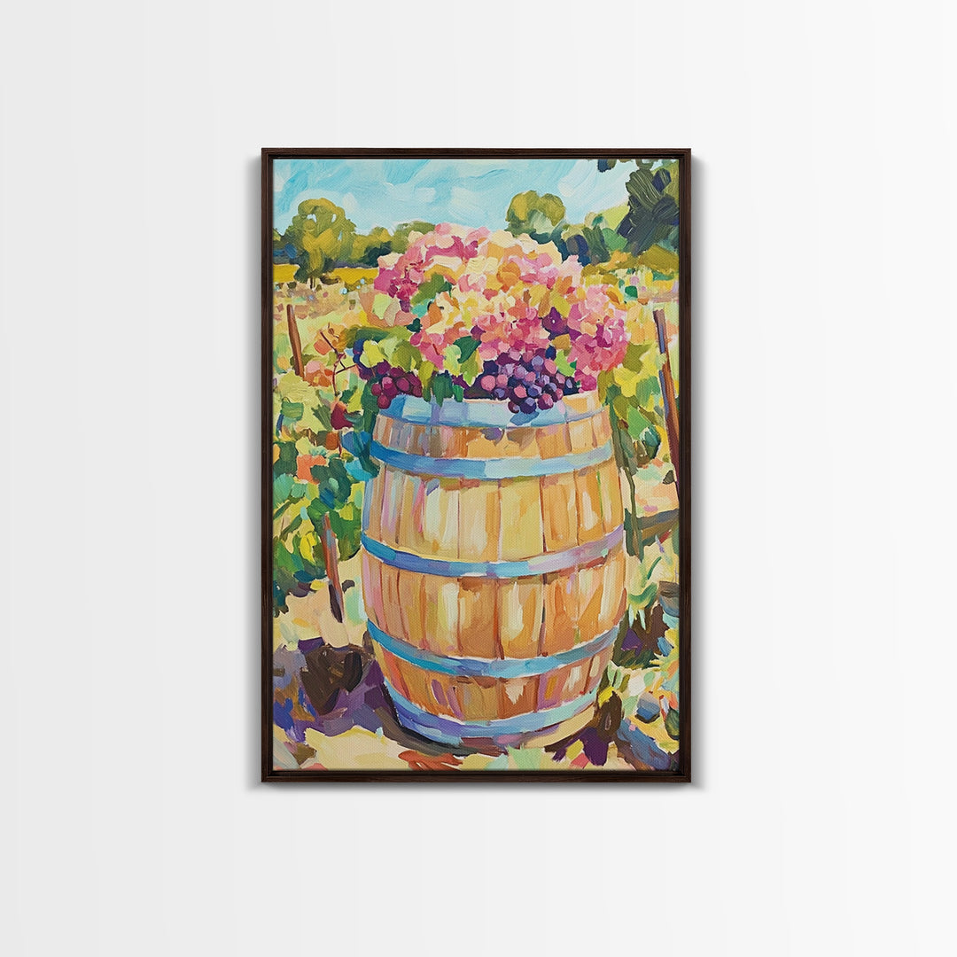 Wine Barrel With Grapes And Hydrangeas Framed Canvas Print, Vineyard Wall Art, Rustic Kitchen Decor, Wine Lover Gift, Home Decor