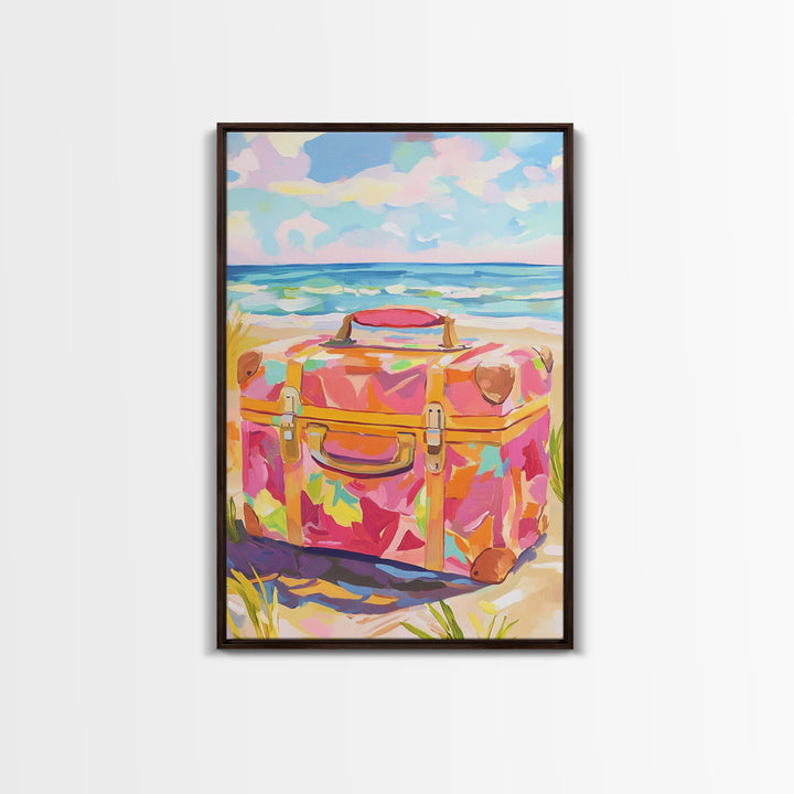 Floral Suitcase On Sunny Beach Canvas Print, Coastal Wall Art, Beach House Decor, Travel Poster, Summer Gift For Her, Ocean Wall Decor