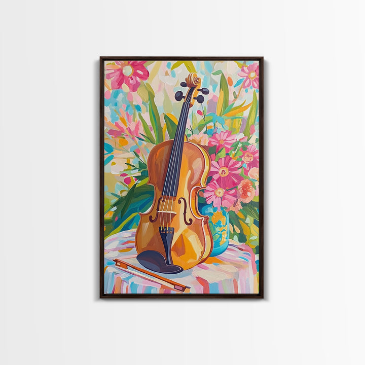 Violin With Pink Garden Flowers Framed Canvas Print, Music Wall Art, Floral Wall Decor, Gift For Music Lover, Fine Art Print