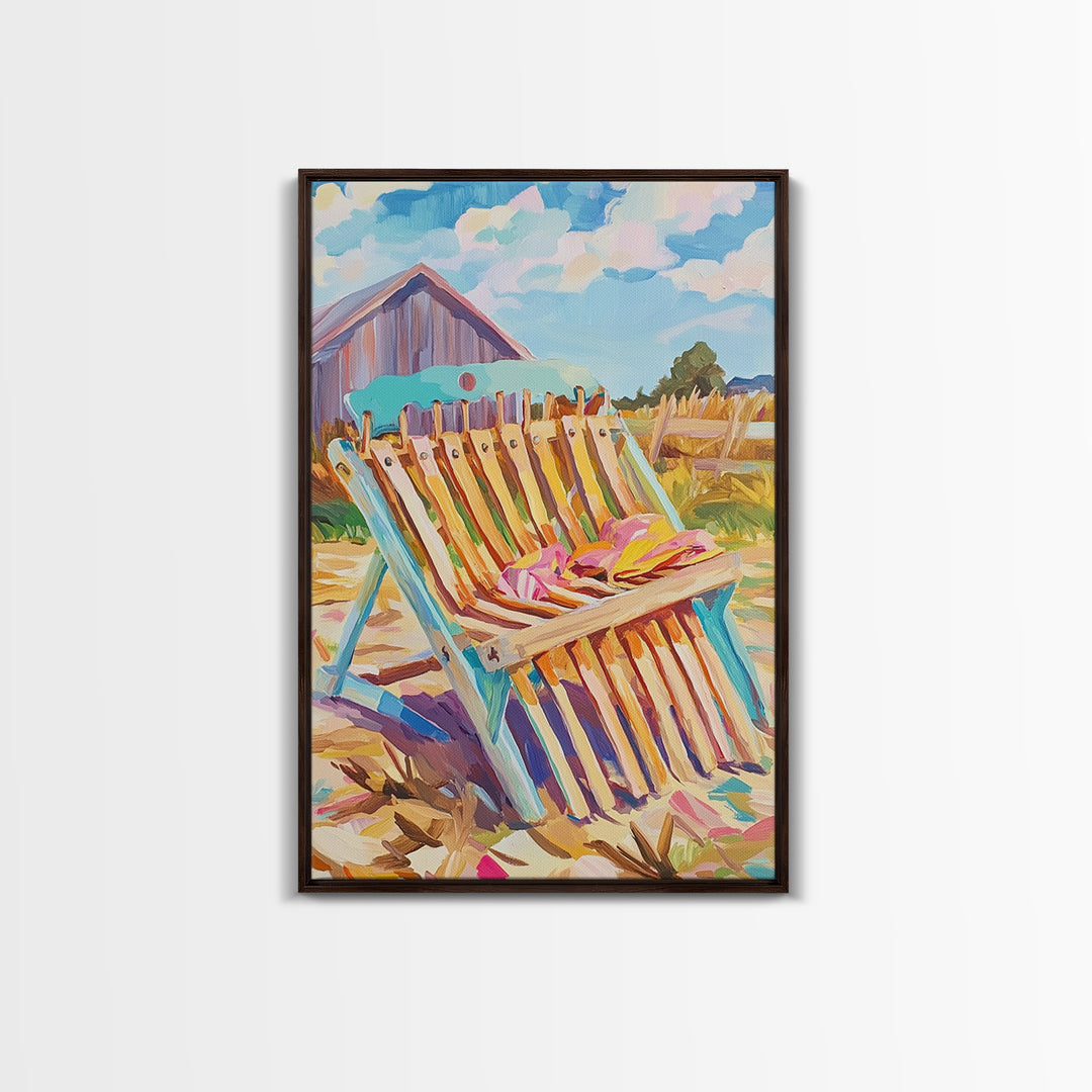 Striped Beach Chair By Rustic Barn Framed Canvas Print, Coastal Farmhouse Wall Art, Summer Patio Decor, Beach House Gift