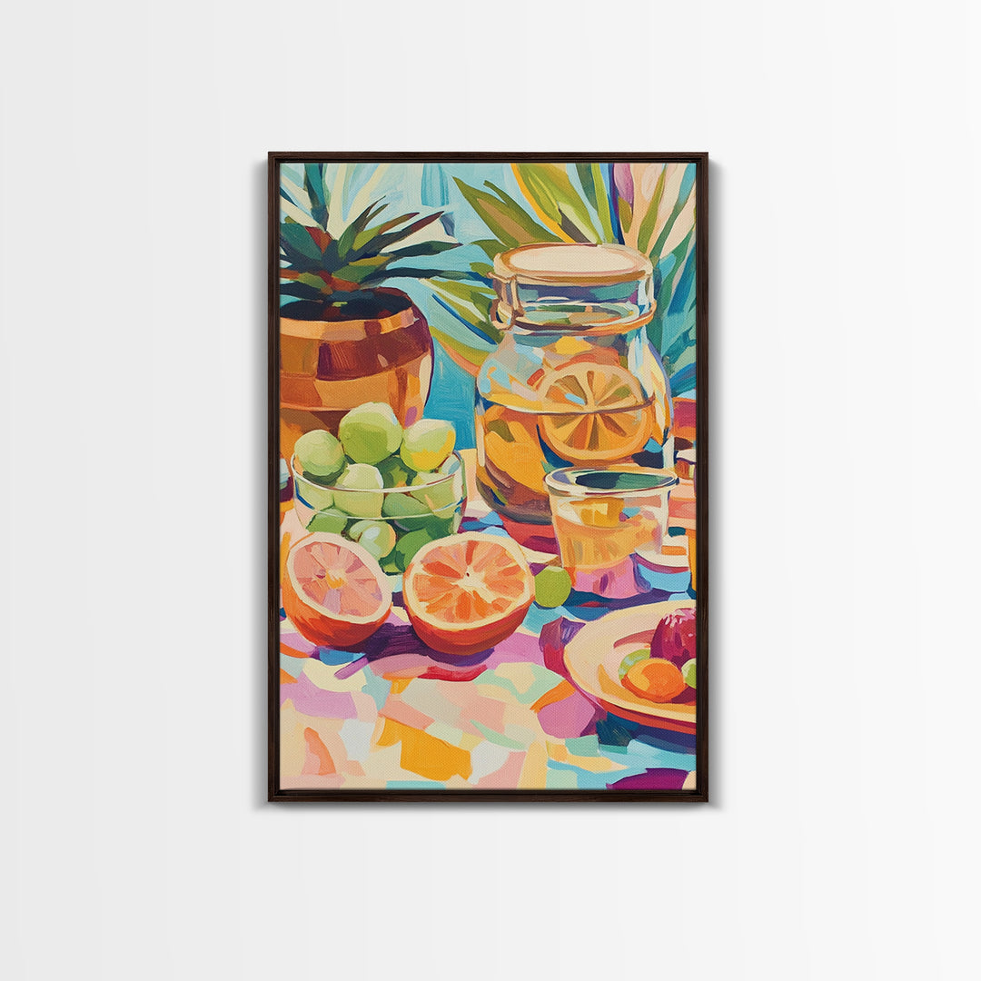 Sunlit Citrus Jar With Limes And Grapefruit Canvas Print, Colorful Kitchen Wall Art, Tropical Home Decor, Food Art Print