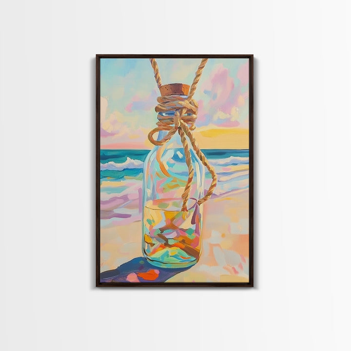 Glass Message Bottle Tied With Rope Canvas Print, Coastal Wall Art, Beach House Decor, Ocean Sunset Print, Nautical Gift