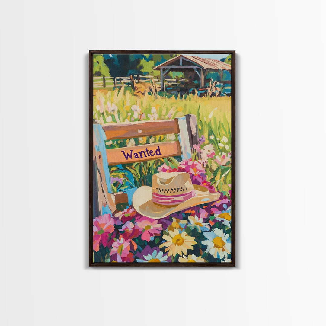 Cowboy Hat Wanted Bench Wall Art, Western Wildflower Farm Decor, Rustic Ranch Canvas Print, Country Housewarming Gift, Wall Decor